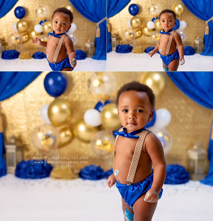Villa Rica cake smash photographer, baby prince with royal blue and gold studio session