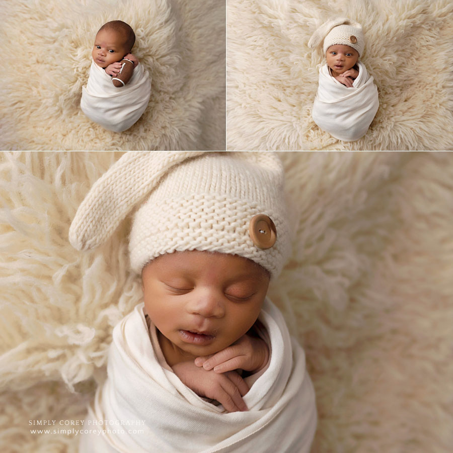 Bremen newborn photographer, baby boy in cream hat and wrap