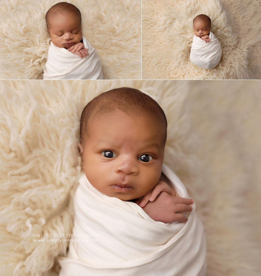newborn photographer near Hiram, awake baby boy in cream