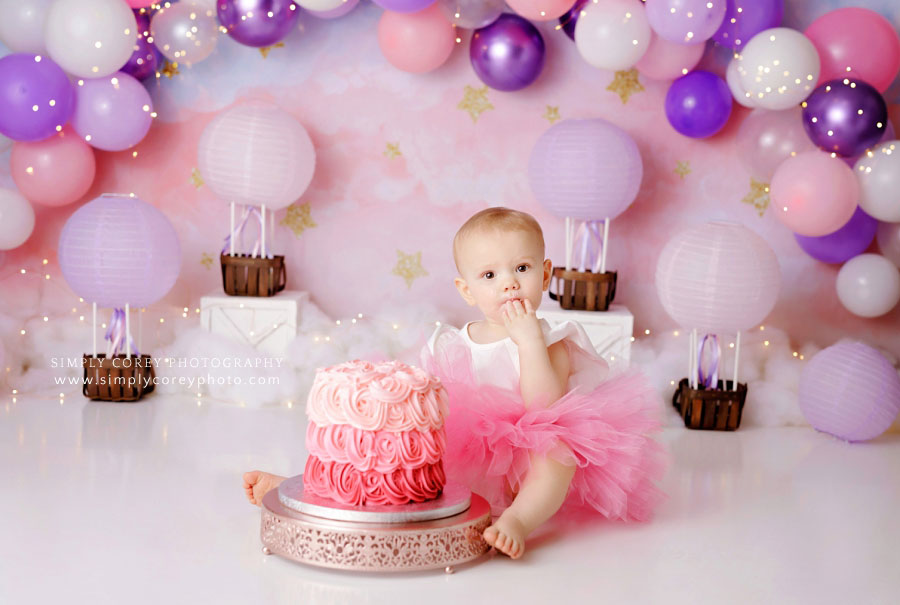 Atlanta cake smash photographer, baby girl pastel hot air balloon one year session