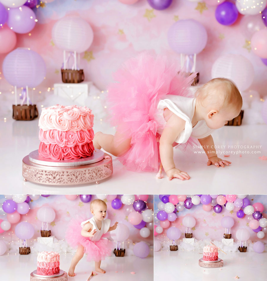 Bremen cake smash photographer, baby running from pink ombre cake