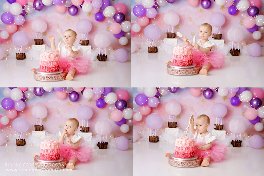 cake smash photographer near Atlanta, pink and purple theme with balloons