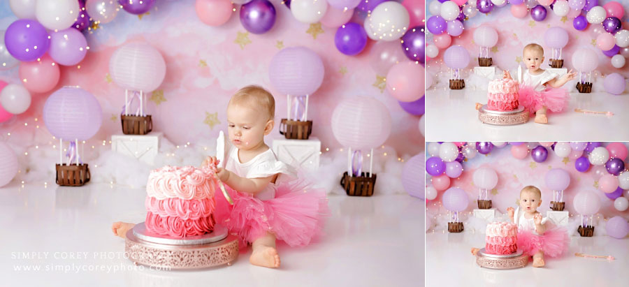 cake smash photographer near Dallas, GA; pink and purple hot air balloon theme