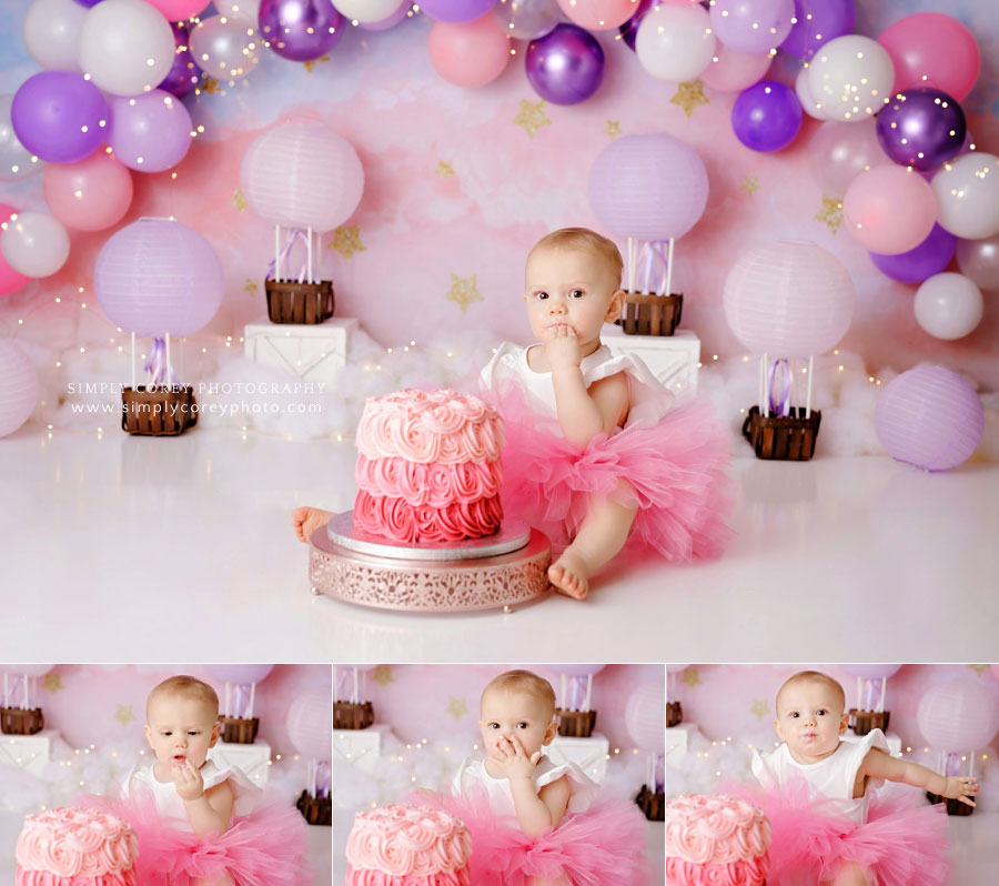 cake smash photographer near Newnan, baby girl pastel hot air balloons theme