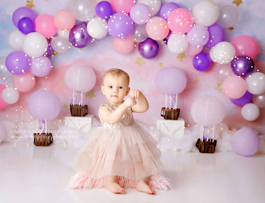 Carrollton baby photographer in GA, pink and purple hot air balloon theme