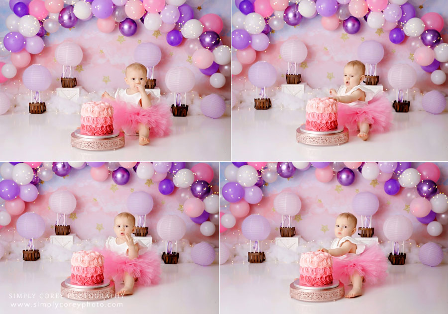 Carrollton cake smash photographer in Georgia, pink and purple hot air balloons theme