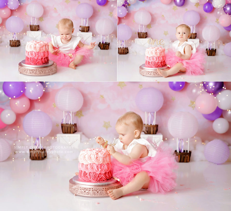 Douglasville cake smash photographer, baby with pink ombre cake and pastel theme