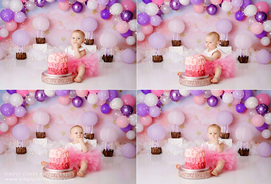 Douglasville cake smash photographer, pink and purple pastel hot air balloons