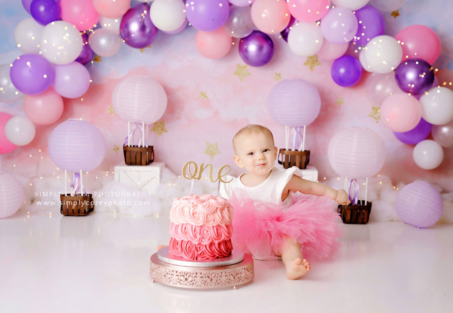 Newnan cake smash photographer, baby girl hot air balloon theme