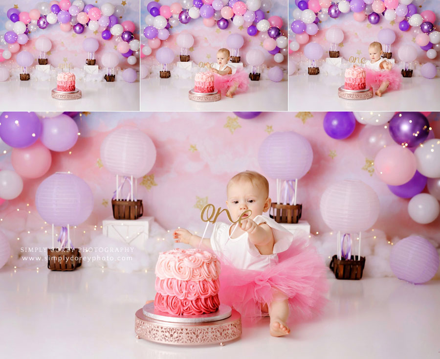 Villa Rica cake smash photographer, baby with pink and purple hot air balloon theme