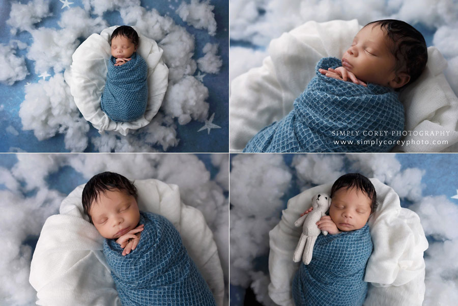 Bremen newborn photographer, baby boy in blue with stars and clouds