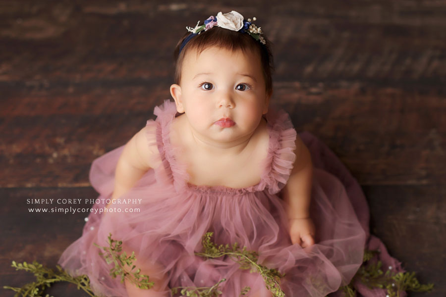 baby photographer near Carrollton, GA; girl in tulle dress for studio sitter session