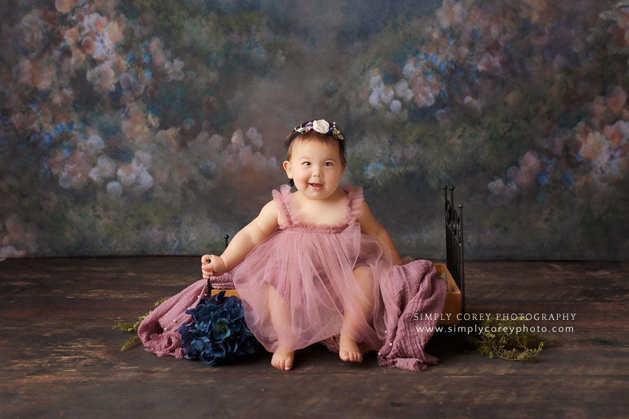 Newnan baby photographer, studio baby milestone session with floral backdrop