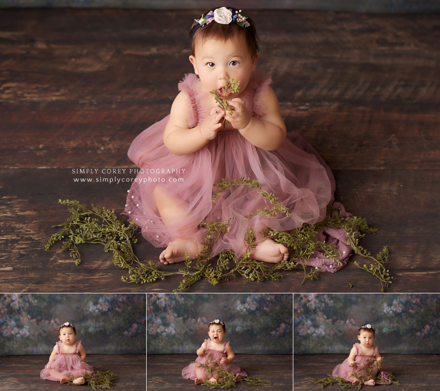 Villa Rica baby photographer, girl in pink tulle dress with greenery