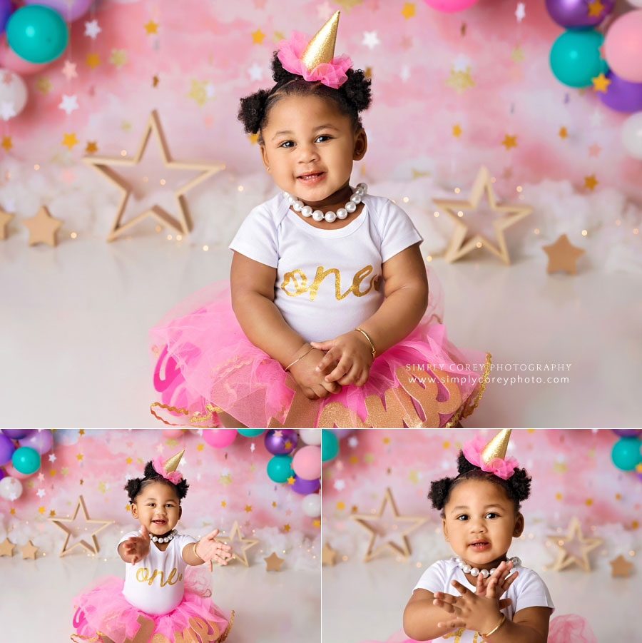 Atlanta baby photographer, girl in tutu and party hat with balloons and stars