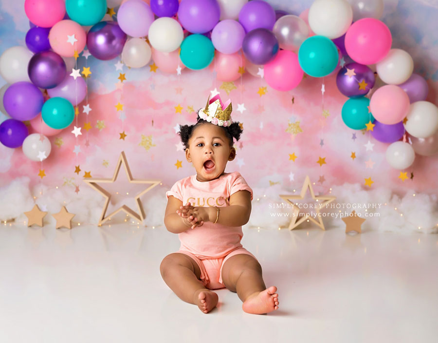 baby photographer near Douglasville, one year milestone session with balloon garland and stars