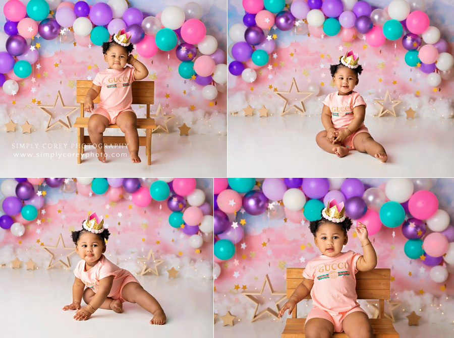 baby photographer near Villa Rica, one year session with balloons and stars