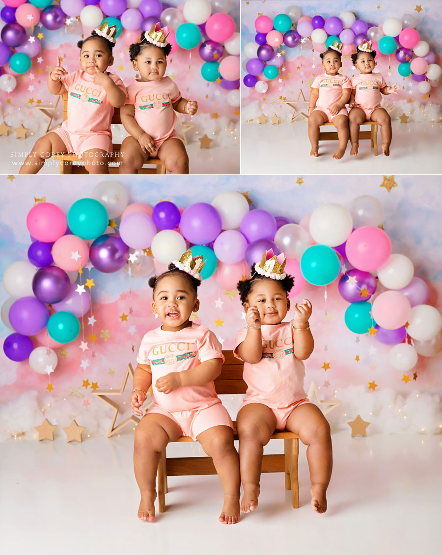 baby photographer in West Georgia, twin girls in Gucci rompers for one year milestone