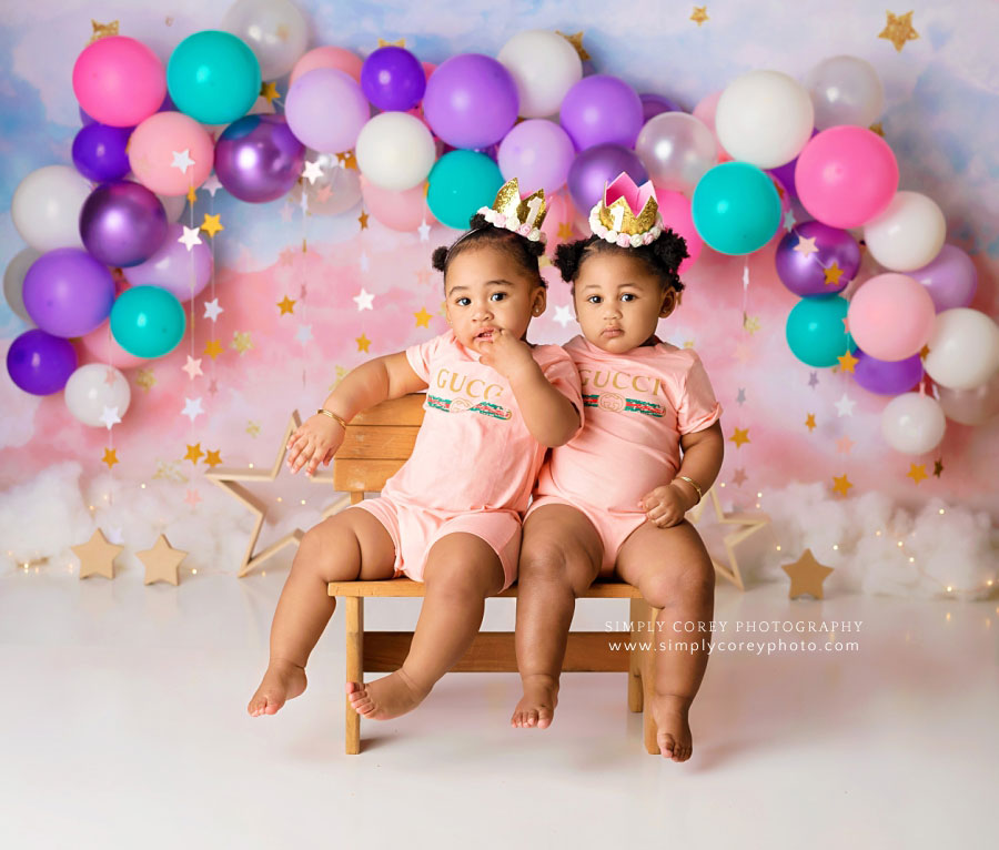 Bremen baby photographer, twin girls one year milestone session with balloons
