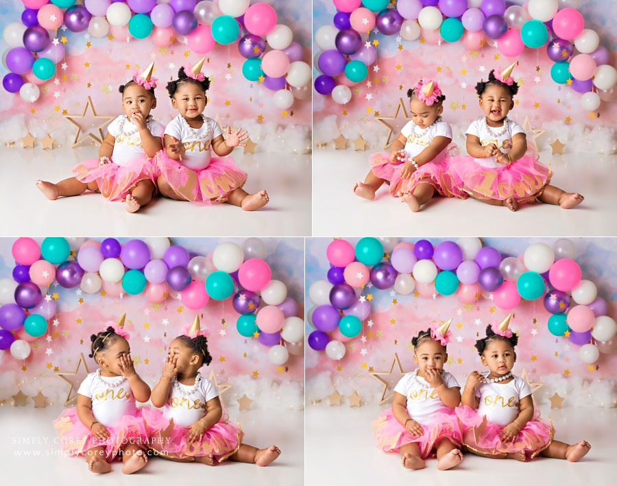 Carrollton baby photographer in Georgia, twin girls with a variety of happy expressions