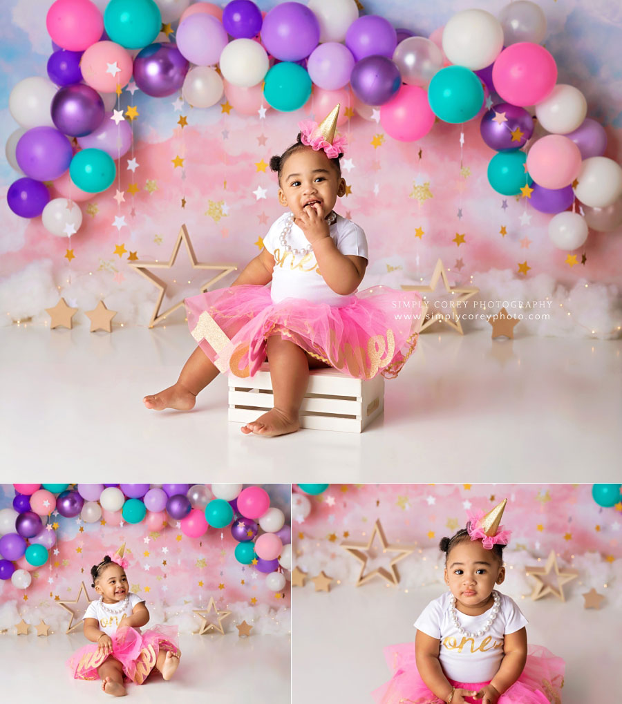 Villa Rica baby photographer, girl in tutu with pink purple teal balloon garland