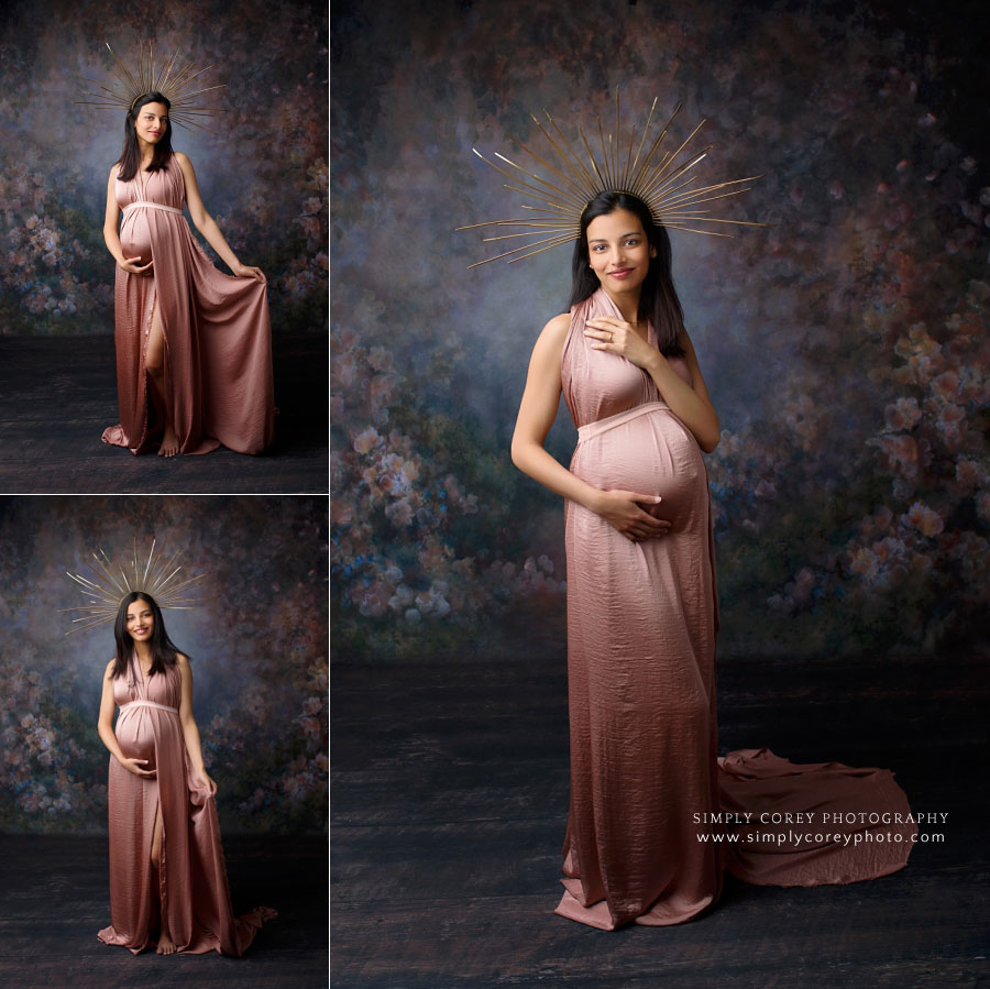 maternity photographer near Dallas, GA; studio session with floral backdrop, pink dress, and crown