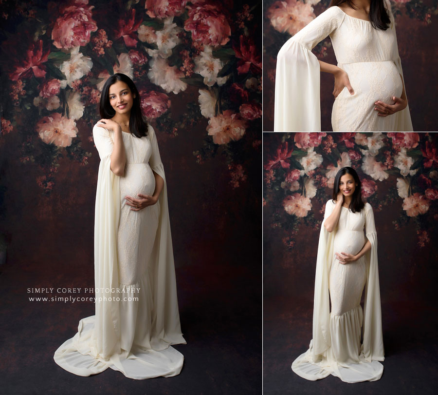maternity photographer in West Georgia, portraits with flowy dress and floral backdrop