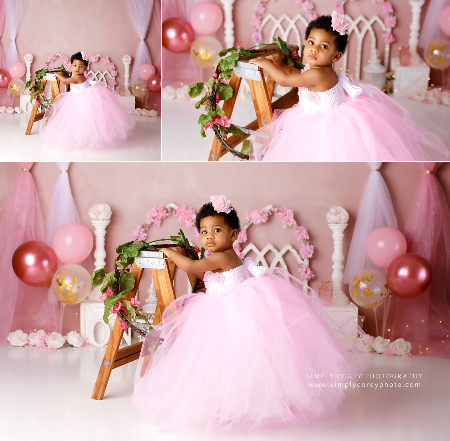 Atlanta baby photographer, before a pink princess cake smash with pink balloons and tulle