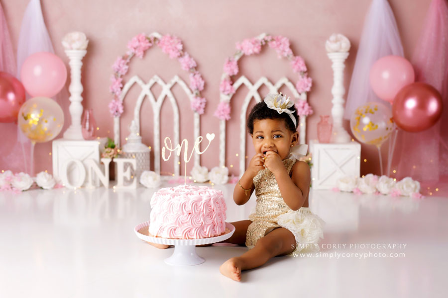 Atlanta cake smash photographer, baby girl pink princess studio session