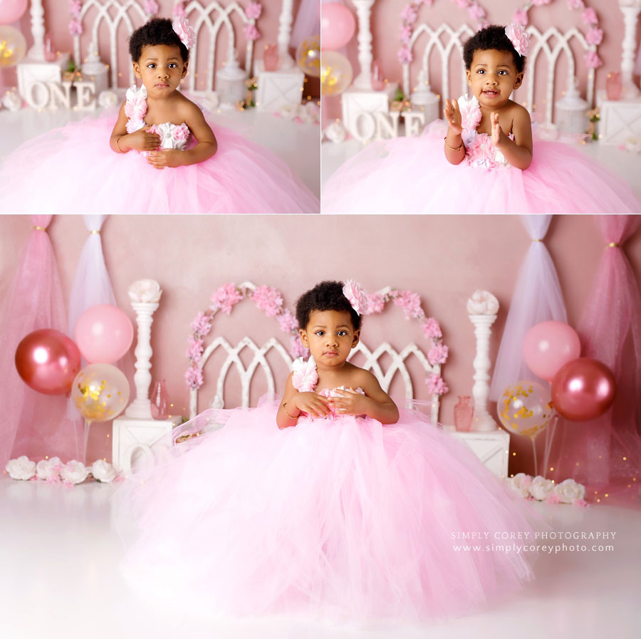 baby photographer near Carrollton, GA; girl in pink tulle dress before cake smash