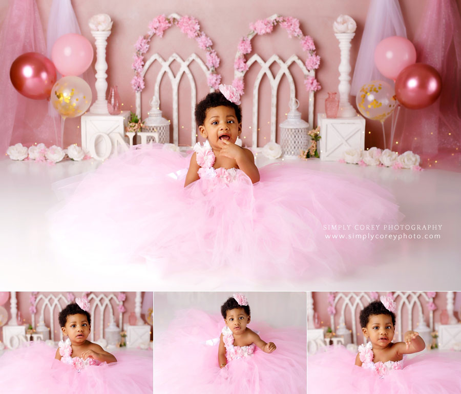 baby photographer in West Georgia, pink princess cake smash set with balloons and tulle