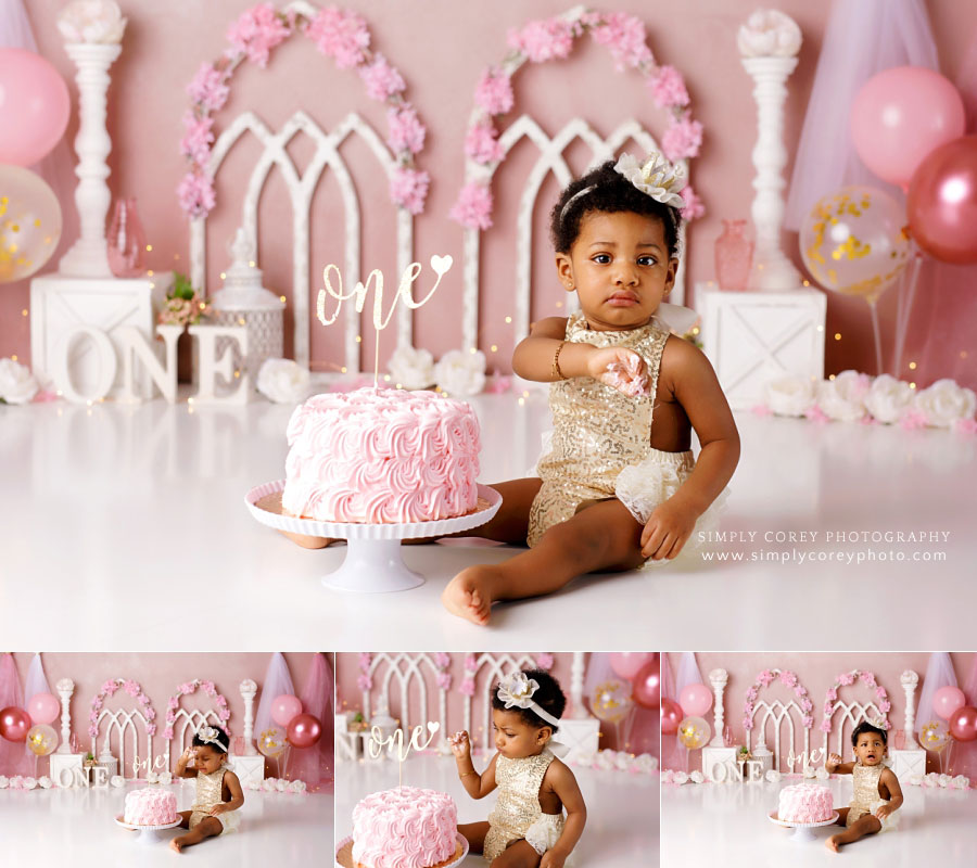 cake smash photographer near Douglasville, baby girl pink and gold princess set 