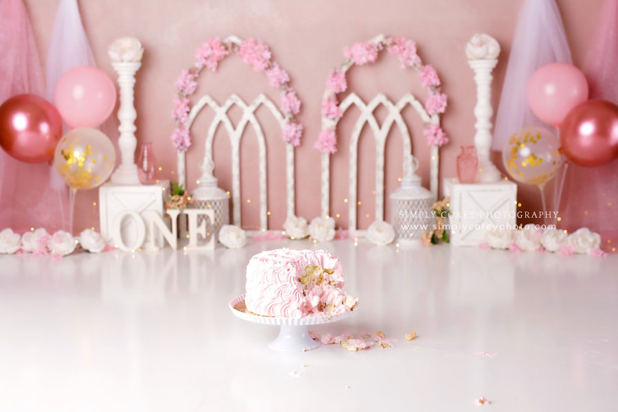 cake smash photographer near Peachtree City, pink white and gold princess studio set