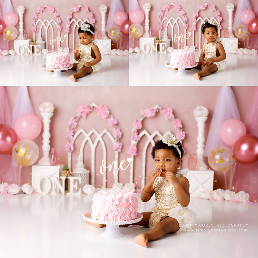Newnan cake smash photographer, pink white gold princess studio set