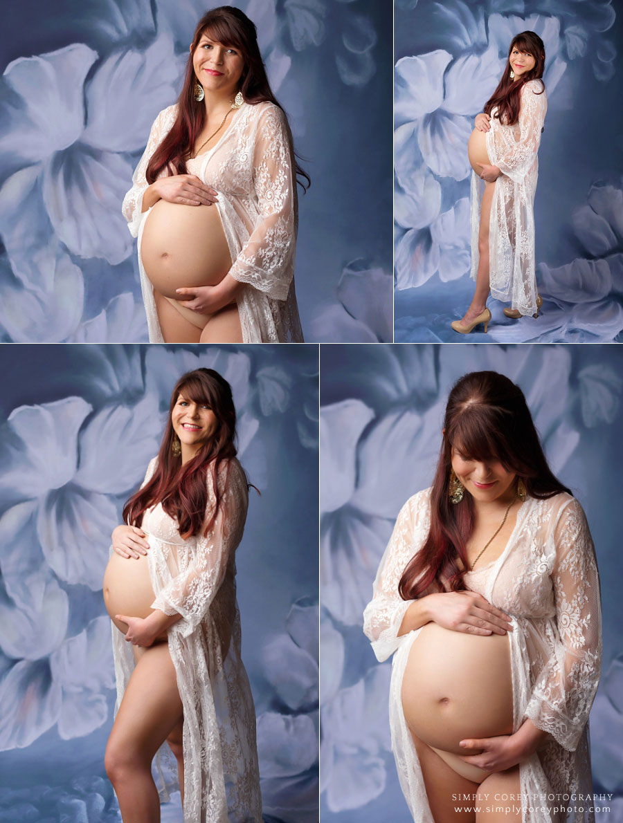 Bremen maternity photographer, pregnant mom in lace kimono on floral backdrop