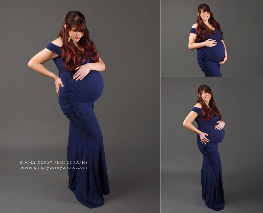 maternity photographer near Dallas, GA; studio portraits in blue dress