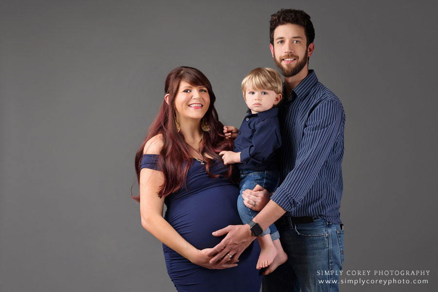 Newnan photographer, family portrait during maternity session with gray backdrop