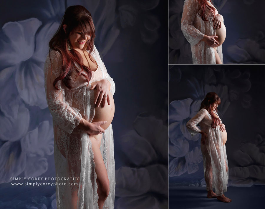 Villa Rica maternity photographer, studio portraits of expecting mom in lace kimono