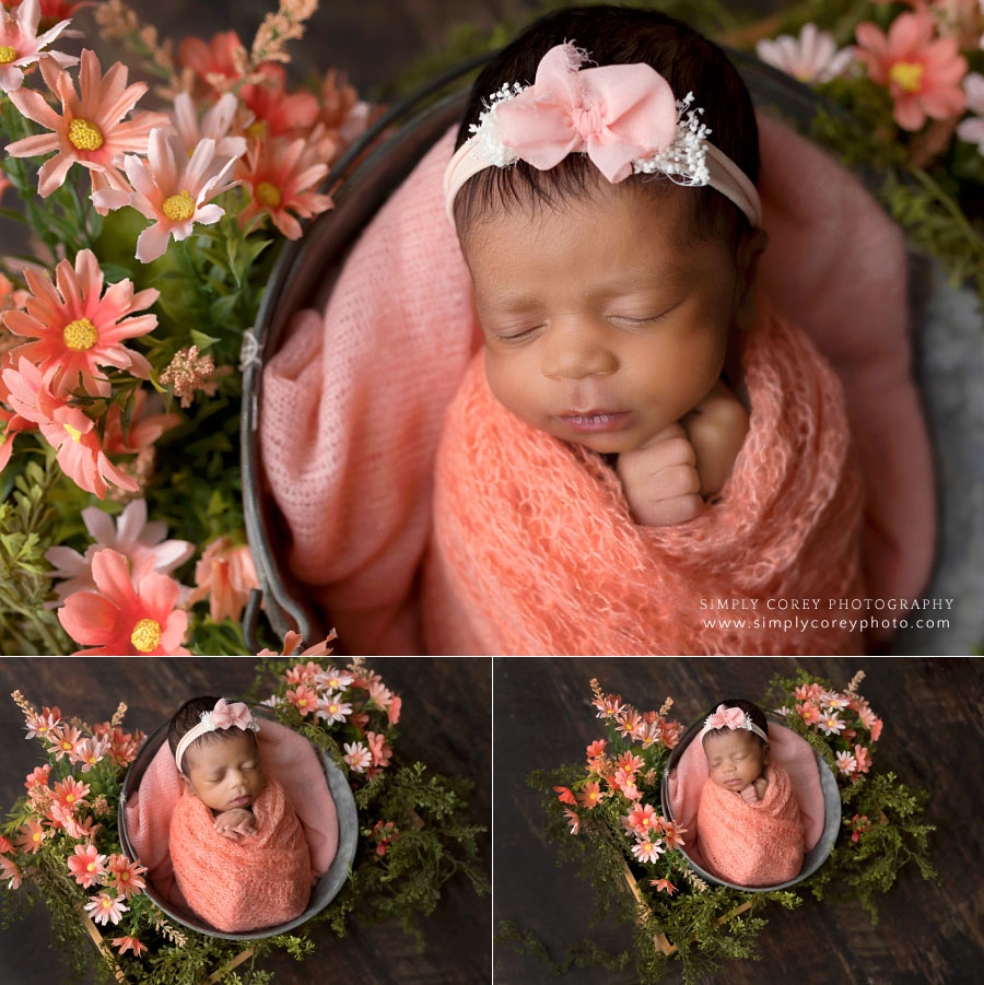 Newnan newborn photographer, baby girl with peach and coral layers and flowers
