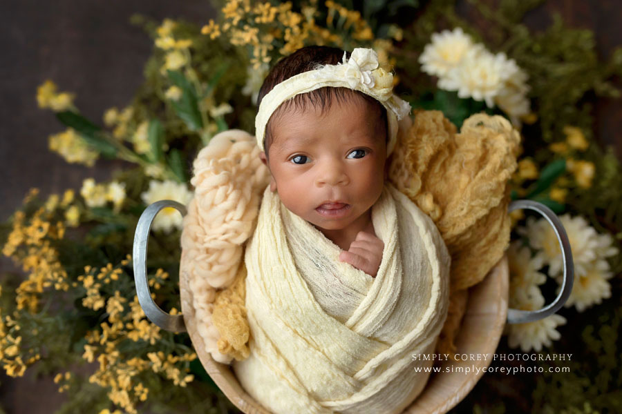Villa Rica newborn photographer, baby girl studio session with yellow flowers