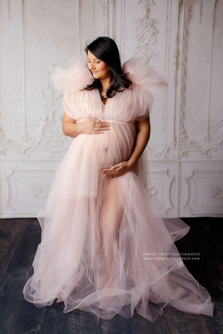 Atlanta maternity photographer, studio pregnancy portrait in pink tulle dress