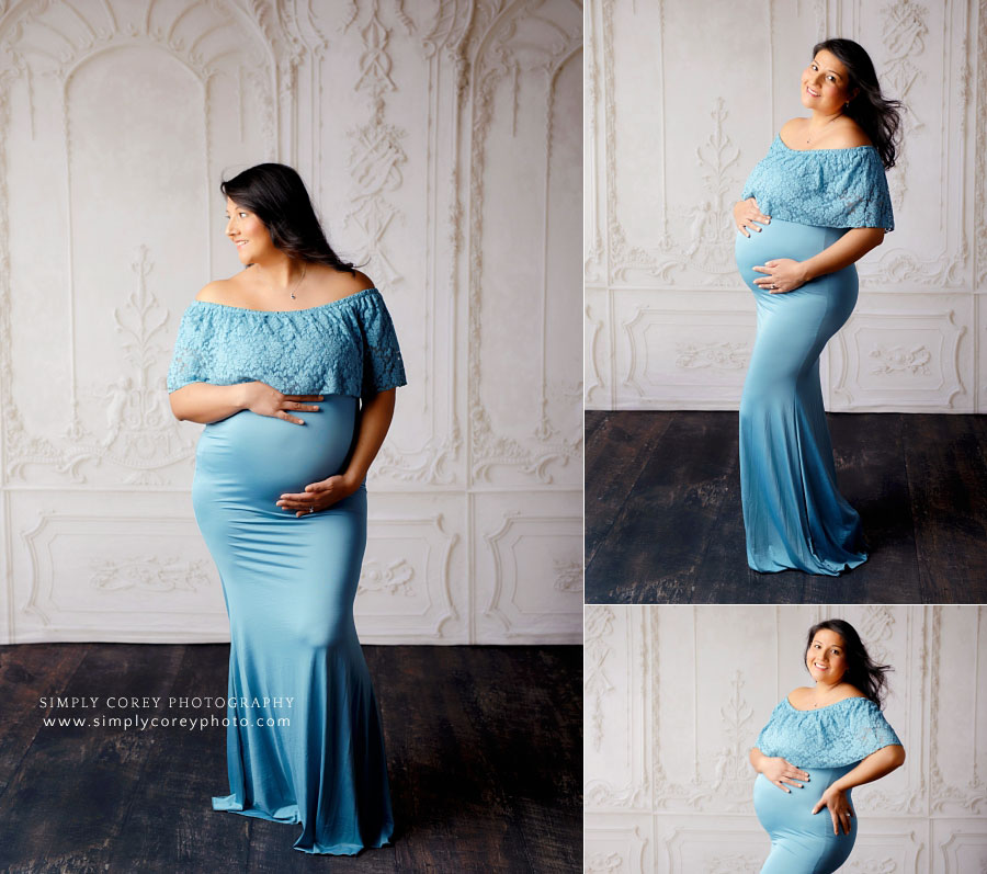 Carrollton maternity photographer in Georgia, studio photography of mom in blue dress