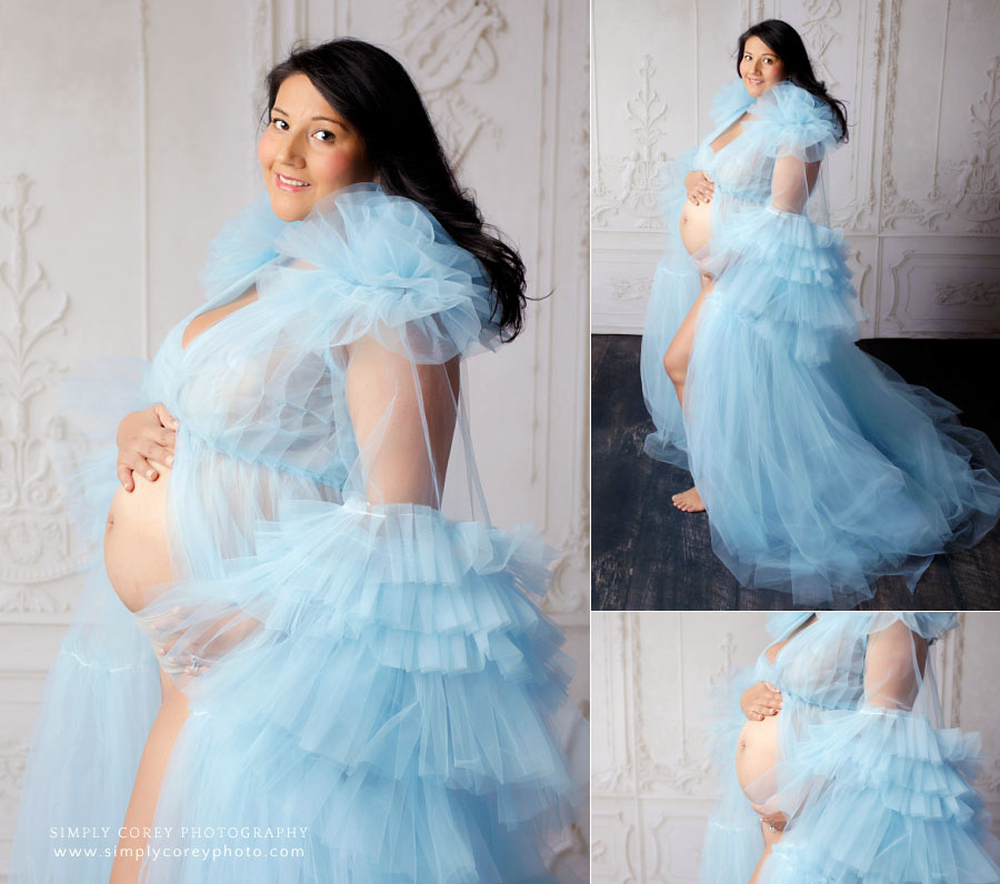 Douglasville maternity photographer, studio pregnancy portraits in blue tulle dress