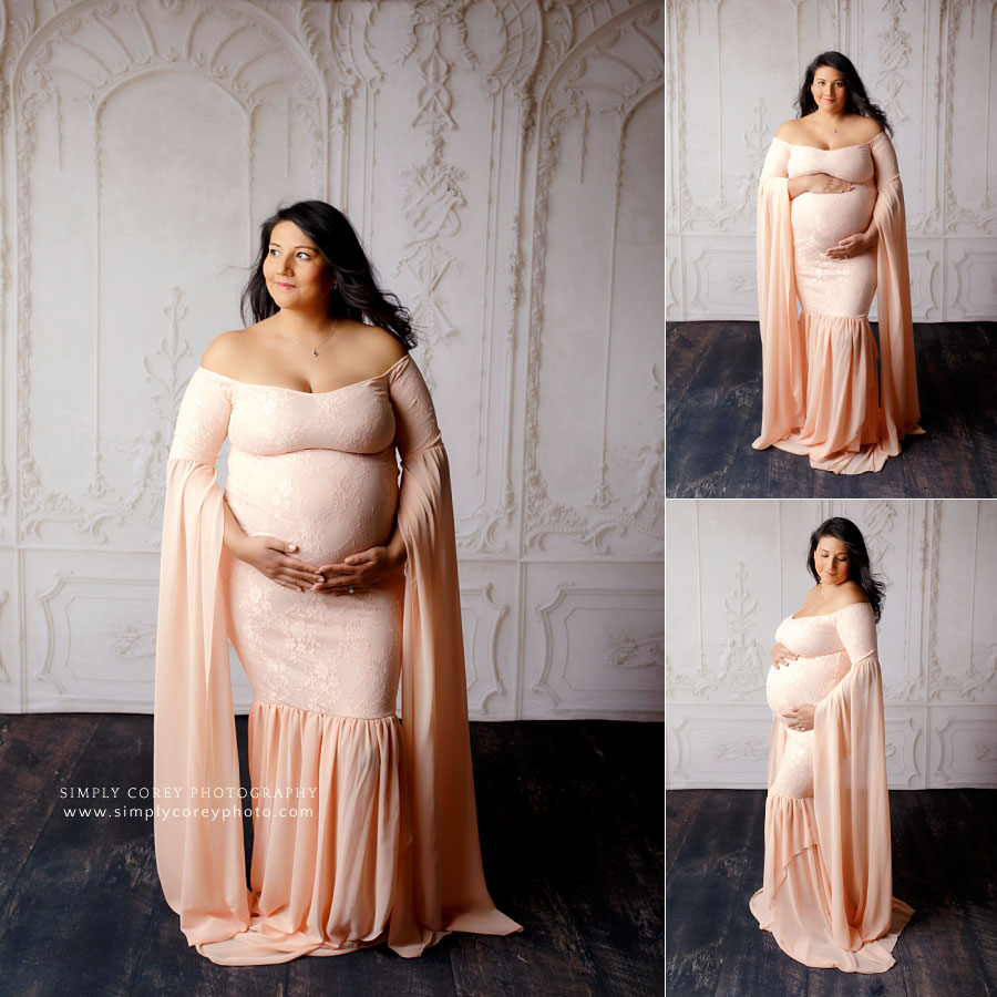 Fairburn maternity photographer, studio pregnancy portraits in long pink dress