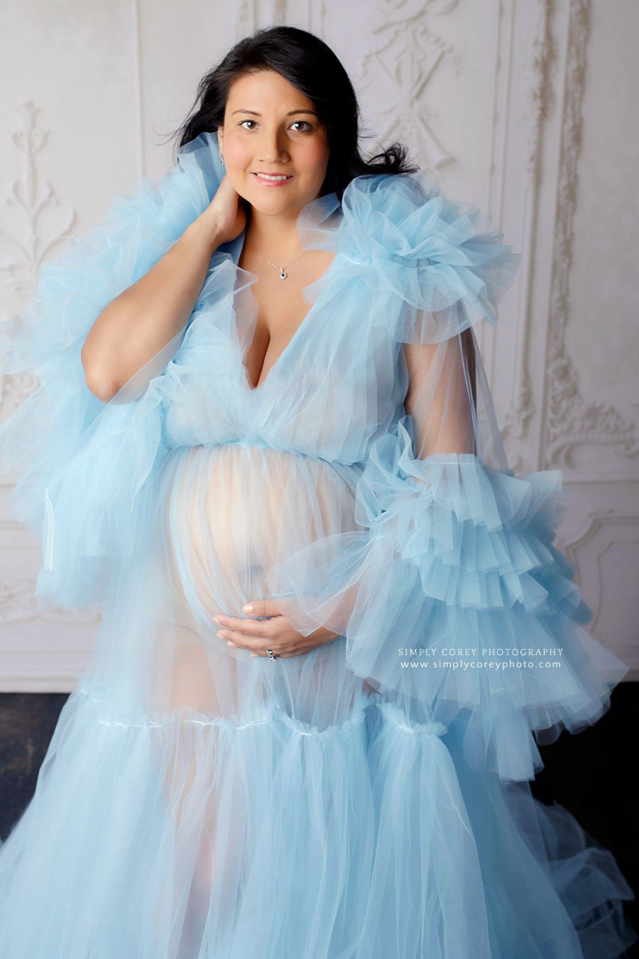 maternity photographer near Dallas, GA; expecting mom in blue tulle dress
