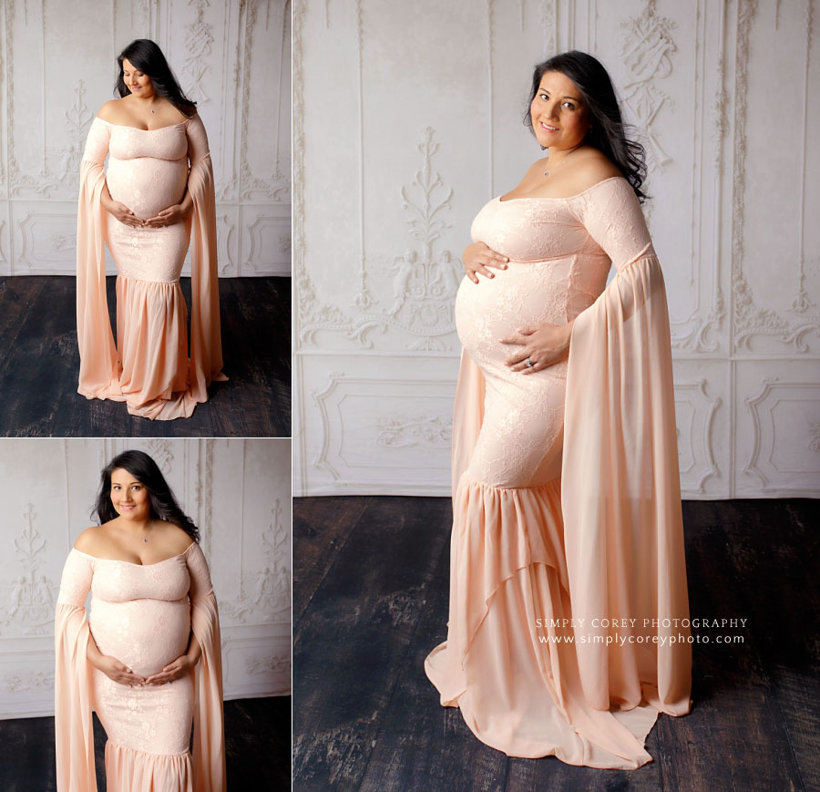 maternity photographer near Douglasville, pregnancy portraits in studio with long pink dress
