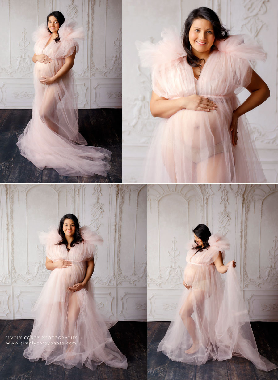 maternity photographer near Fayetteville, GA; studio portraits in pink tulle dress