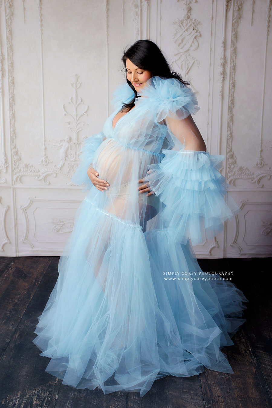 maternity photographer near Newnan, pregnancy portrait in blue tulle dress
