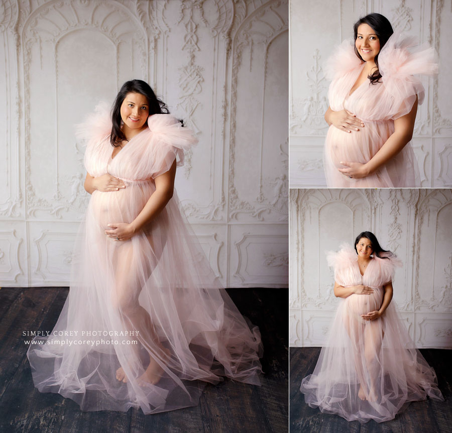 maternity photographer near Villa Rica, studio portraits in pink tulle dress