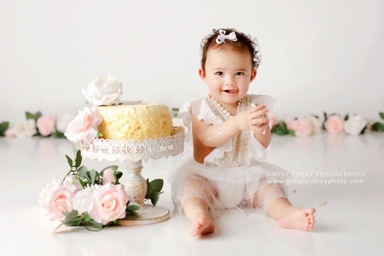 Newnan Cake Smash Photographer | White Floral Studio Set for Baby Girl